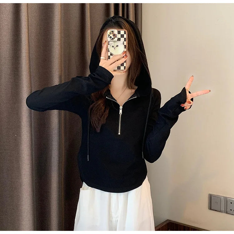 Sweatshirt Design Niche Spring Summer Short Zipper Top Slimming Thin Long-sleeved Hooded Fashion Women's Clothing