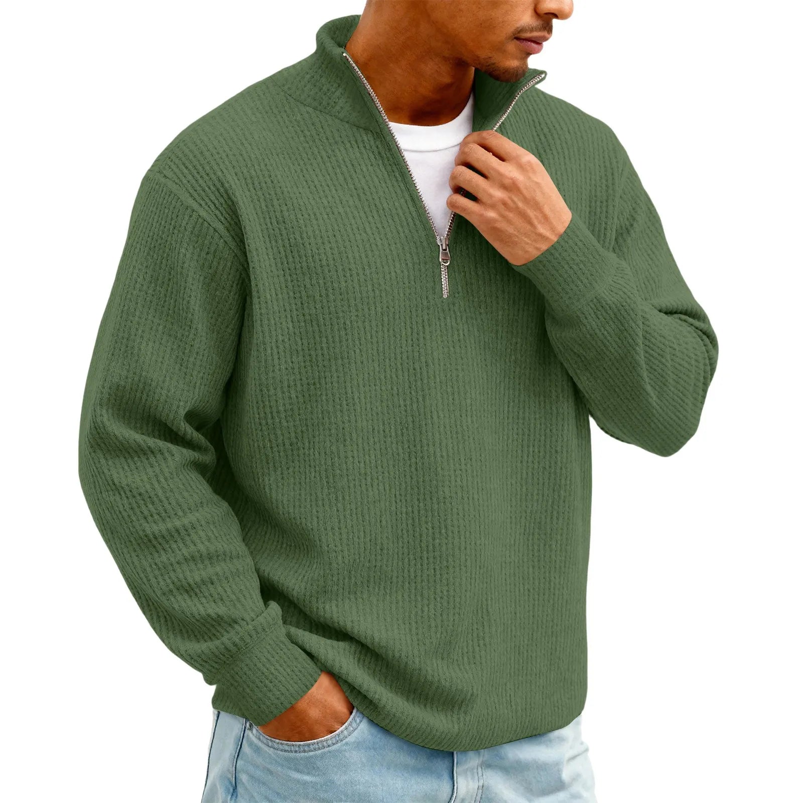 New Sweatshirts For Men Spring Waffle Long-sleeved T-shirt Men's Casual Loose Zipper Polo Collar Tees Tops Man Outwear