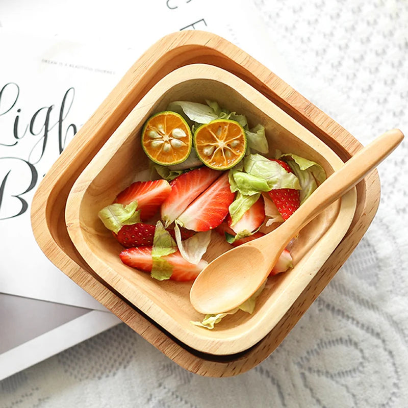 Square Wooden Bowl Fruit Salad Snack Dessert Serving Bowl Solid Wood Tableware