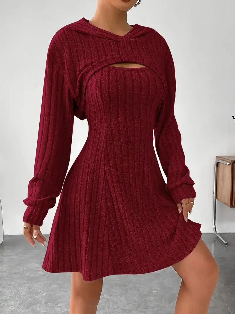 Women's Two-Piece Autumn Outfit – Long Sleeve Hooded Top & Sleeveless A-Line Dress