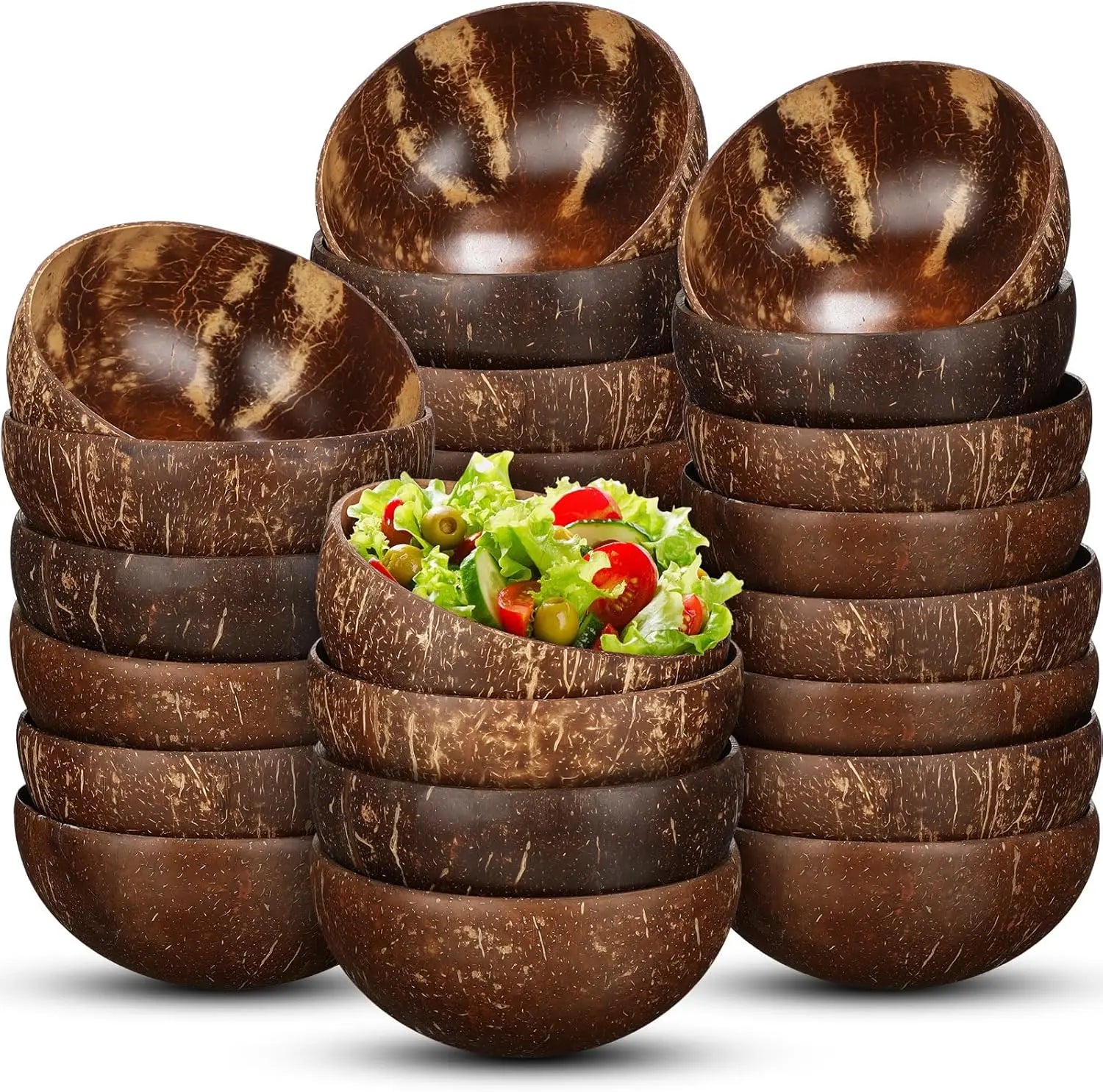 12-15cm Natural Coconut Bowl Serving Dishes Fruit Salad Wooden Reusable Utensils Polished Coconut Shell Bowls Breakfast Party