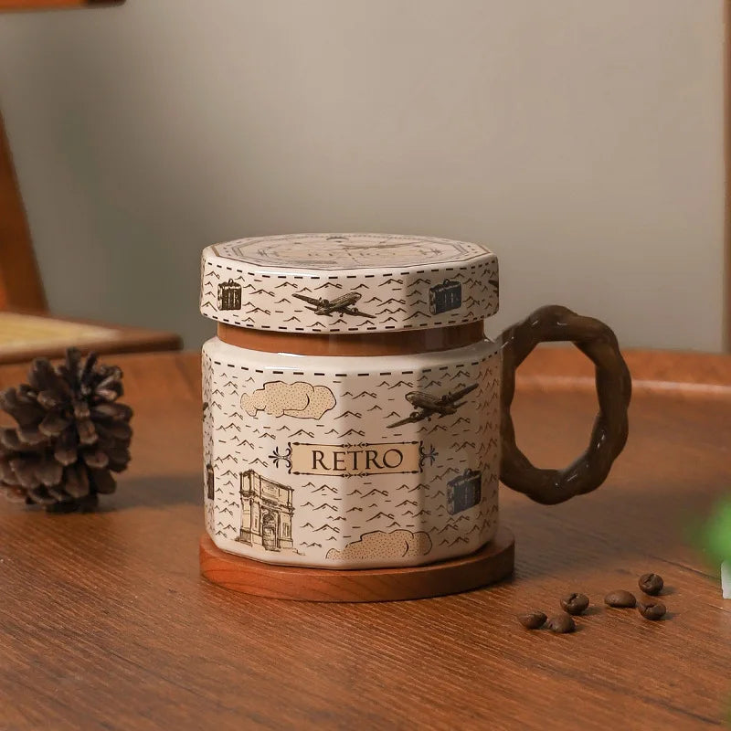 Retro Ceramic Coffee Mug with Lid – Vintage Style Luxury Drinking Cup