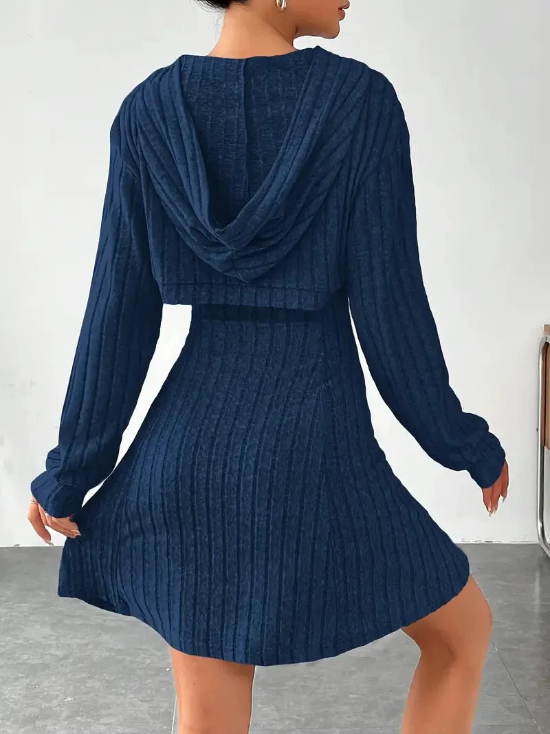Women's Two-Piece Autumn Outfit – Long Sleeve Hooded Top & Sleeveless A-Line Dress