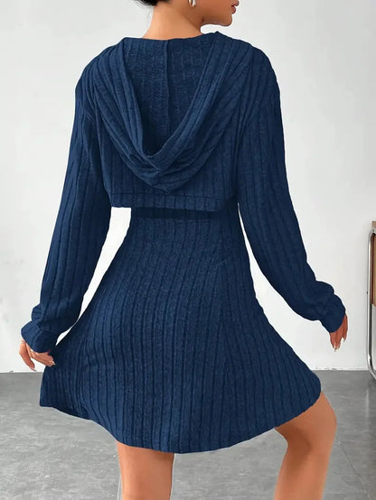 Women's Two-Piece Autumn Outfit – Long Sleeve Hooded Top & Sleeveless A-Line Dress