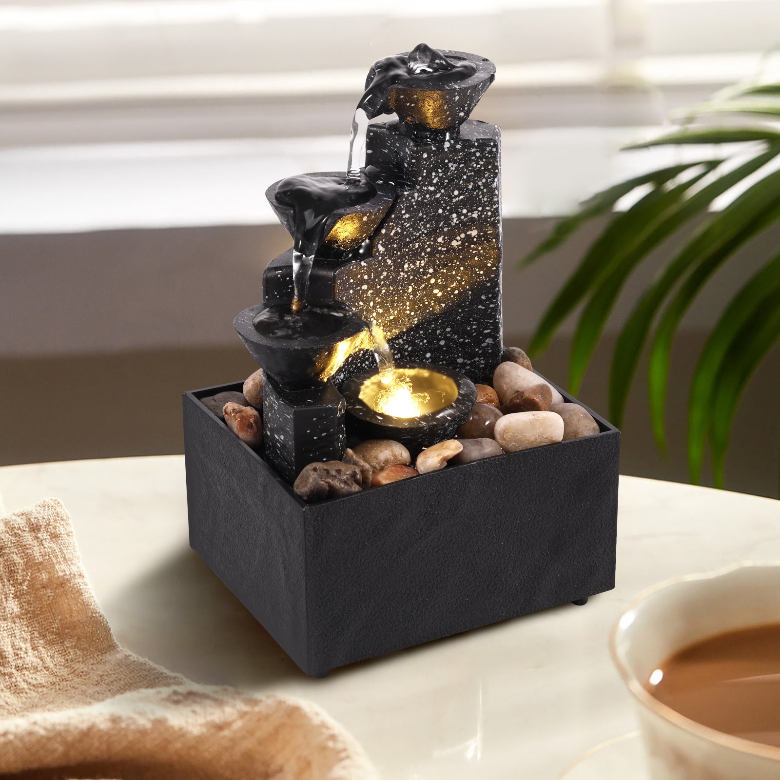 Tabletop Waterfall Water Fountain with LED Lights – Desktop Zen Decor for Home & Office