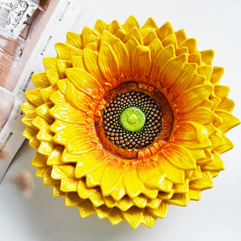 Sunflower Ceramic Bowl – Hand Painted Fruit Salad Dessert Plate