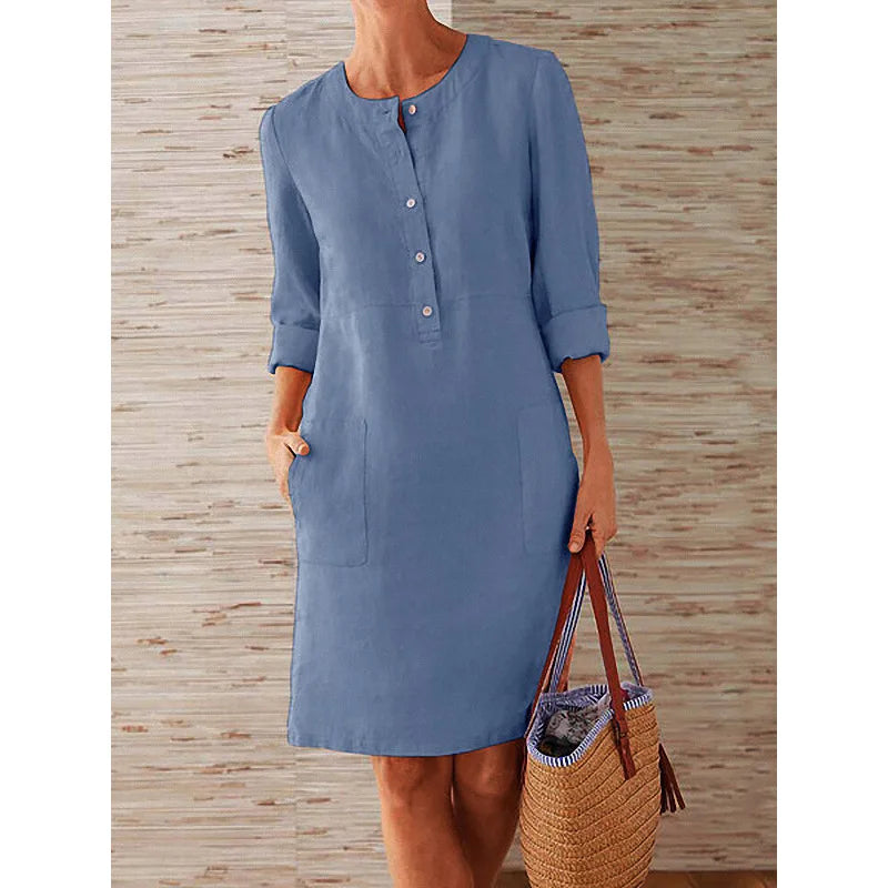 Women’s Cotton Linen Tunic Dress – Long Sleeve Knee-Length