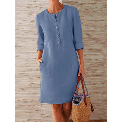 Women’s Cotton Linen Tunic Dress – Long Sleeve Knee-Length