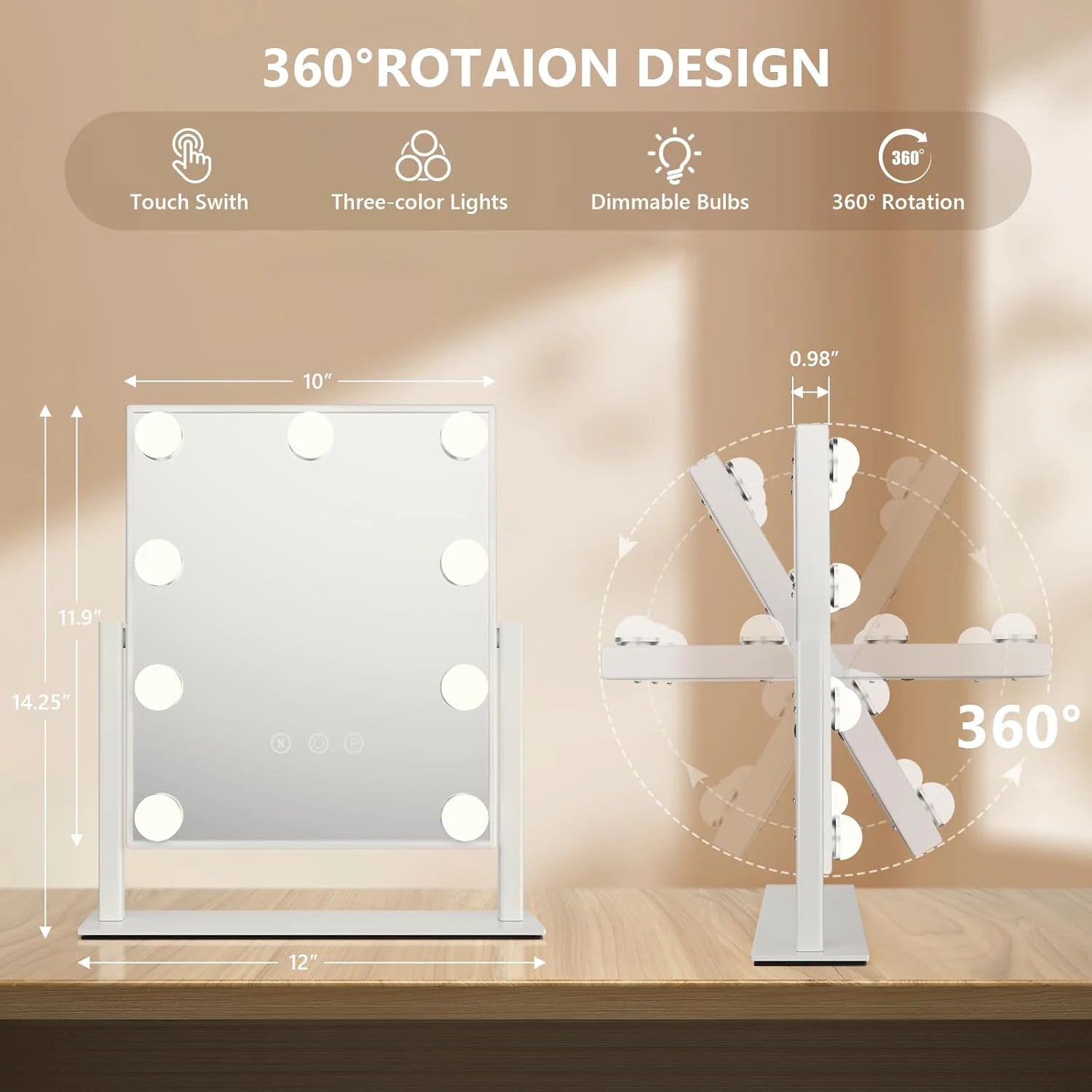 Vanity Mirror with Lights – Hollywood 9 LED Bulbs, 3 Colors & 360° Rotation