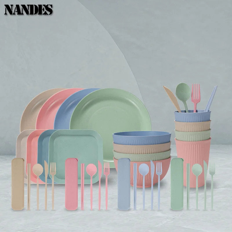 36PCS Wheat Straw Dinnerware Set – Eco Friendly Tableware Kit