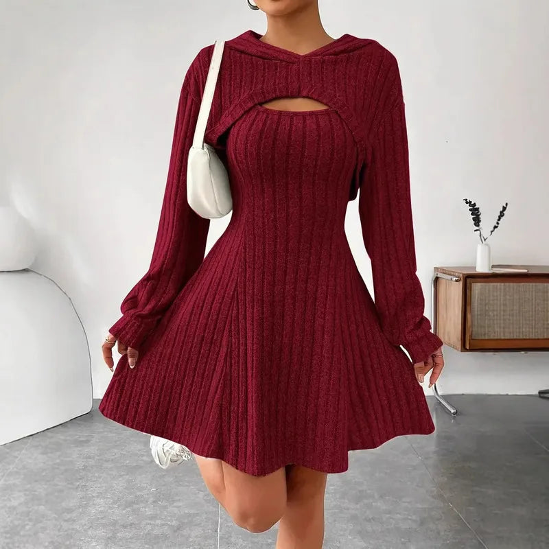 Women's Two-Piece Autumn Outfit – Long Sleeve Hooded Top & Sleeveless A-Line Dress
