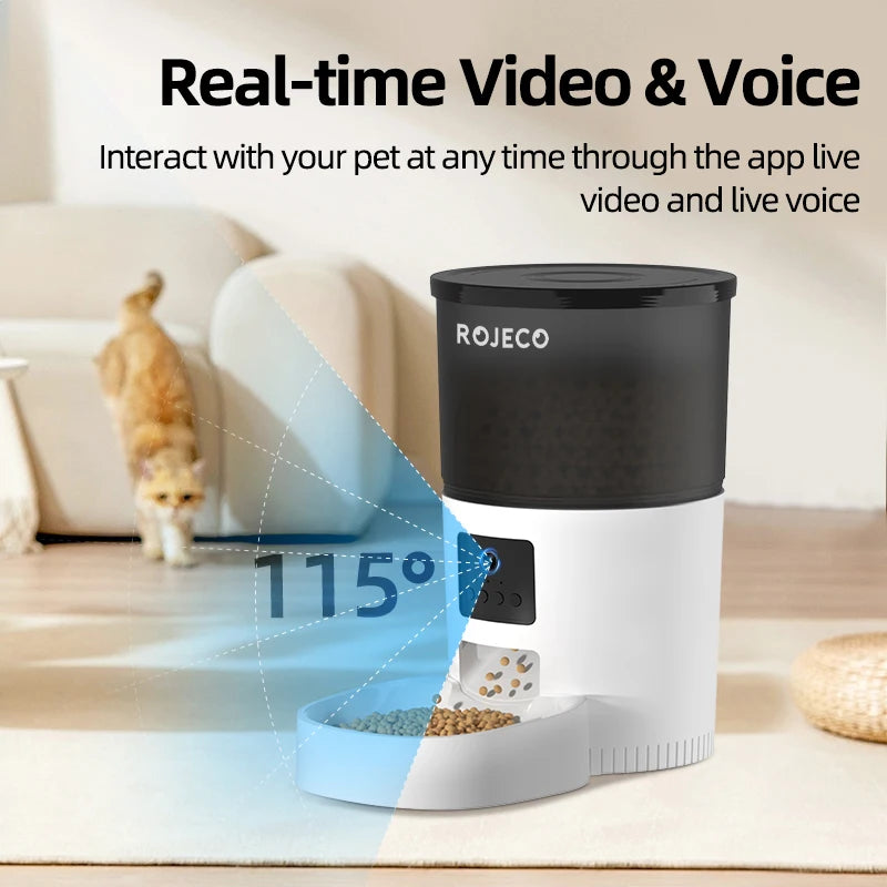 ROJECO Automatic Cat Feeder with Camera – Smart Video Food Dispenser & Voice Recorder for Cats & Dogs