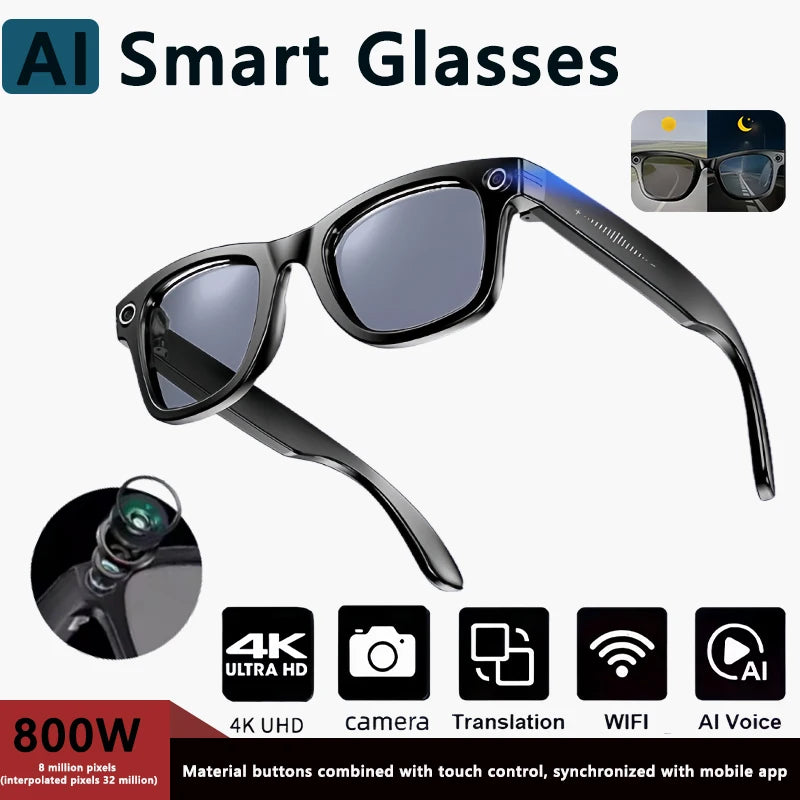AI Smart Glasses with 8MP Camera Video Recording 100+ Languages Translation Blue LightSunglasses Bluetooth Call WIFI Men Women