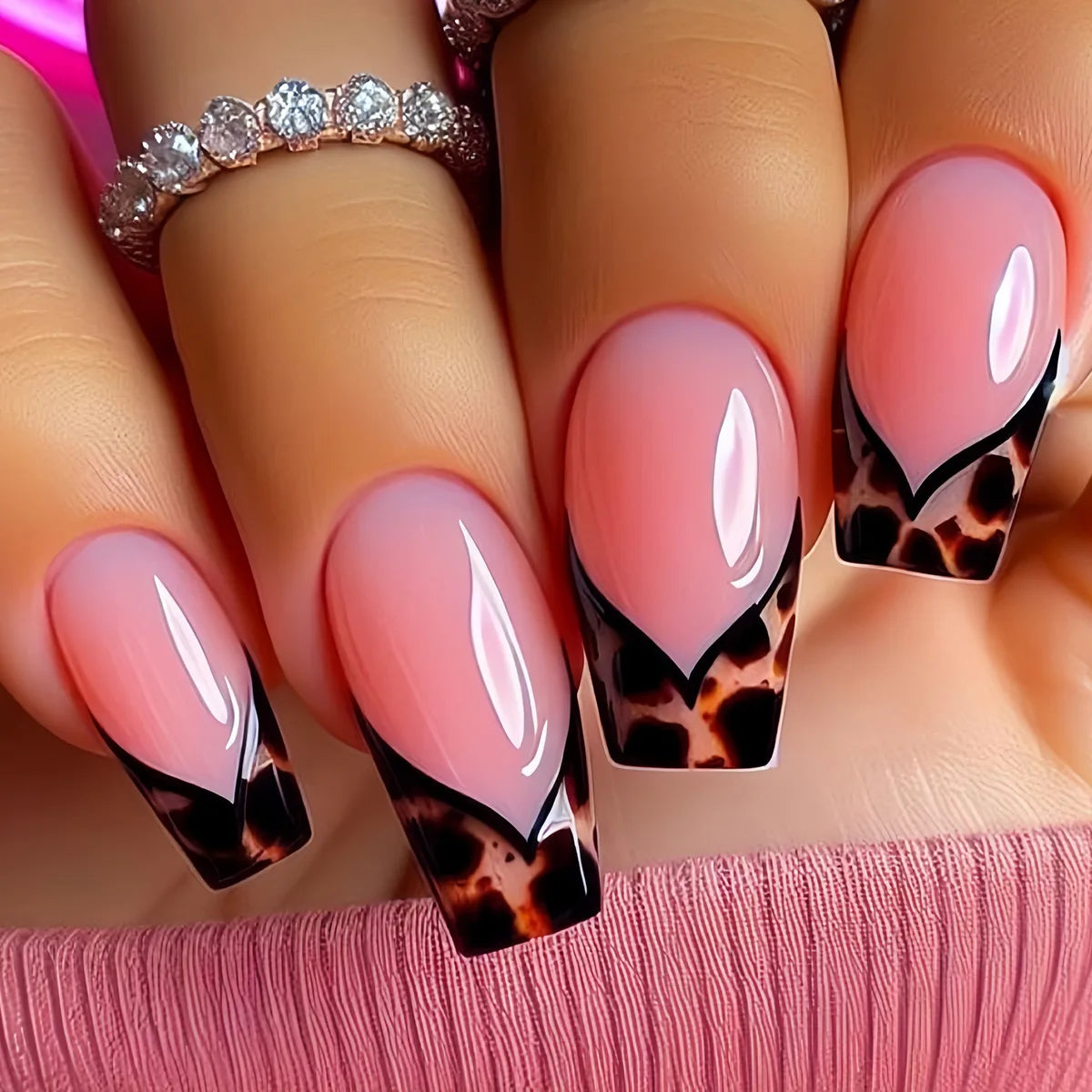 24pcs Medium Long Press-On Nails – Y2K Leopard Gradient Square Ballet Tips