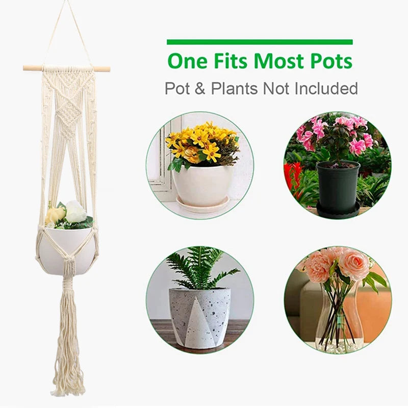 Macrame Plant Hanger – Handmade Hanging Rope Basket for Flower Pots
