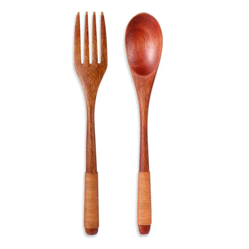 Portable Wooden Cutlery Set – Reusable Bamboo Spoon Fork Knife with Bag