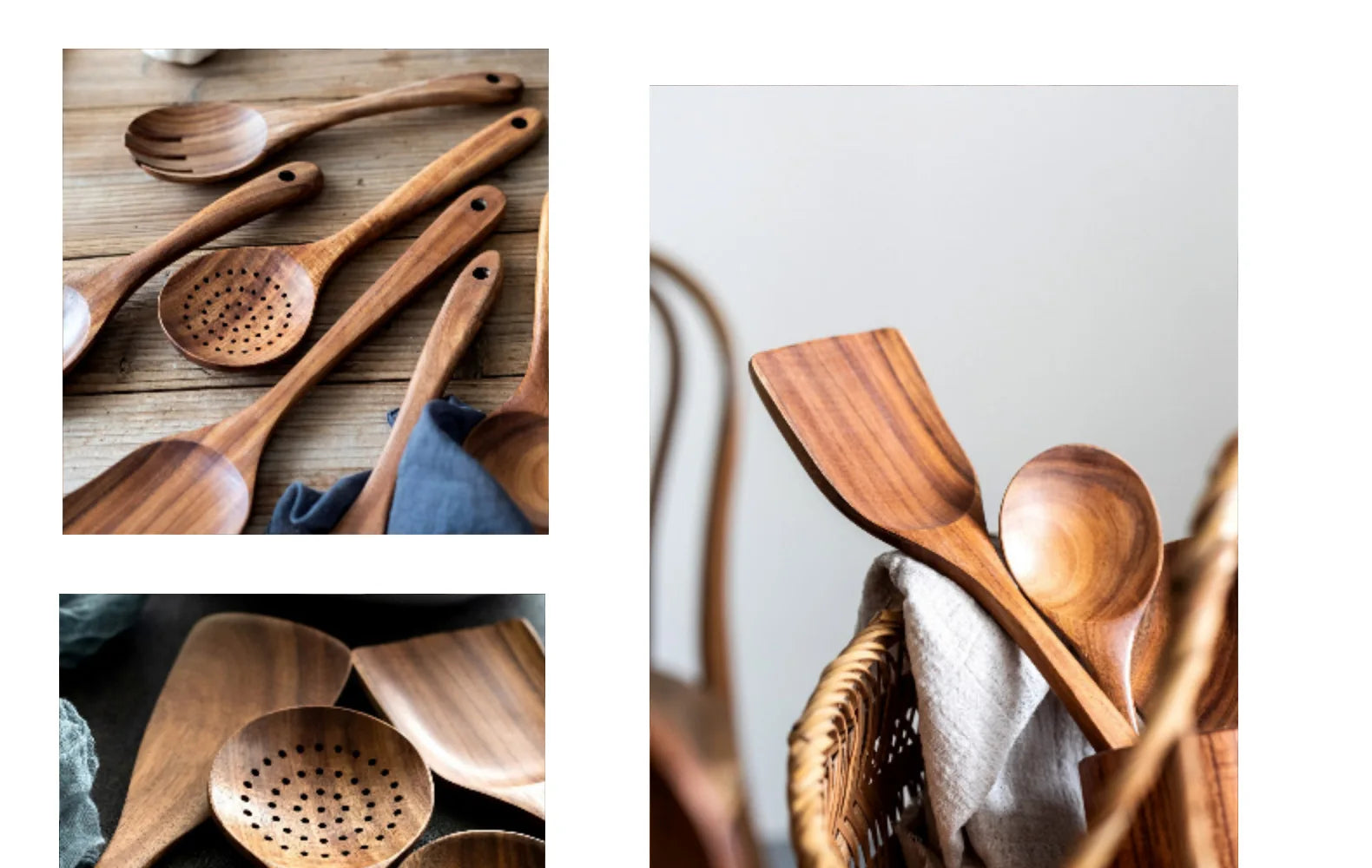 Wooden Kitchenware Cooking Shovels Spoon Colander Kitchen Utensils Set Household Cutlery Rack Teak Natural Wood Cookware