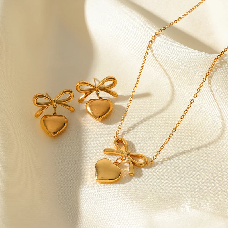 Gold Heart, Star & Flower Necklace and Earrings Set for Women – Waterproof Jewellery