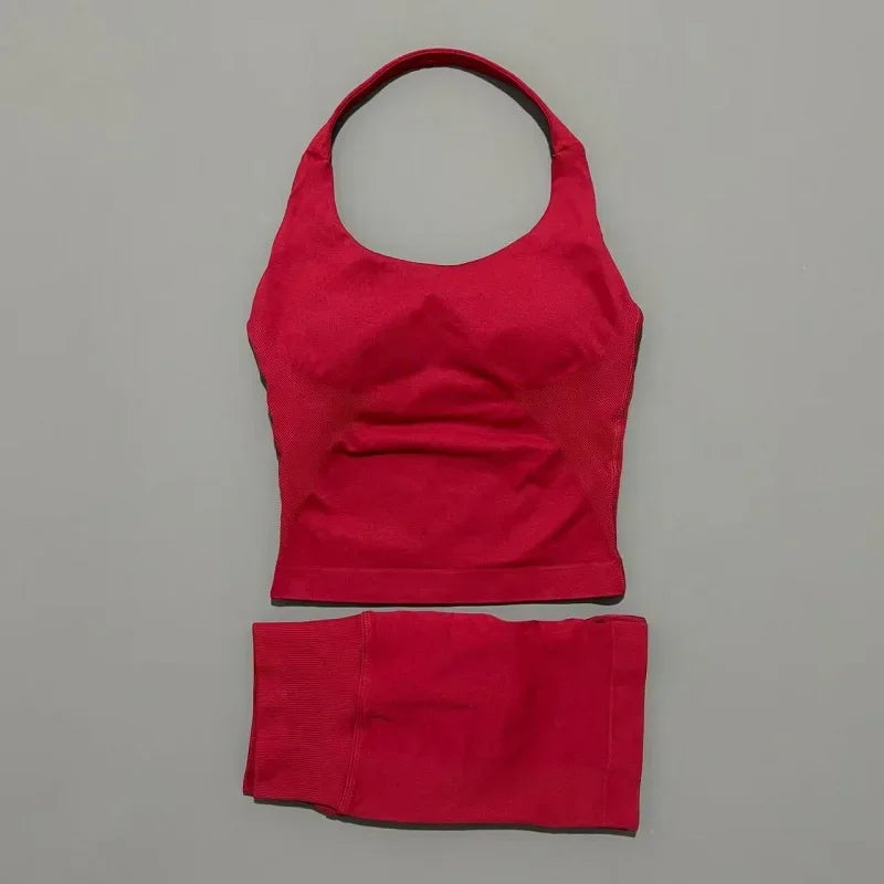 2 Pcs HISTELLO Halter Top Strappy Bra Shorts Set Women Yoga Workout Clothes Seamless Vest Hip-Lifting Sports Leggings Gym Suit