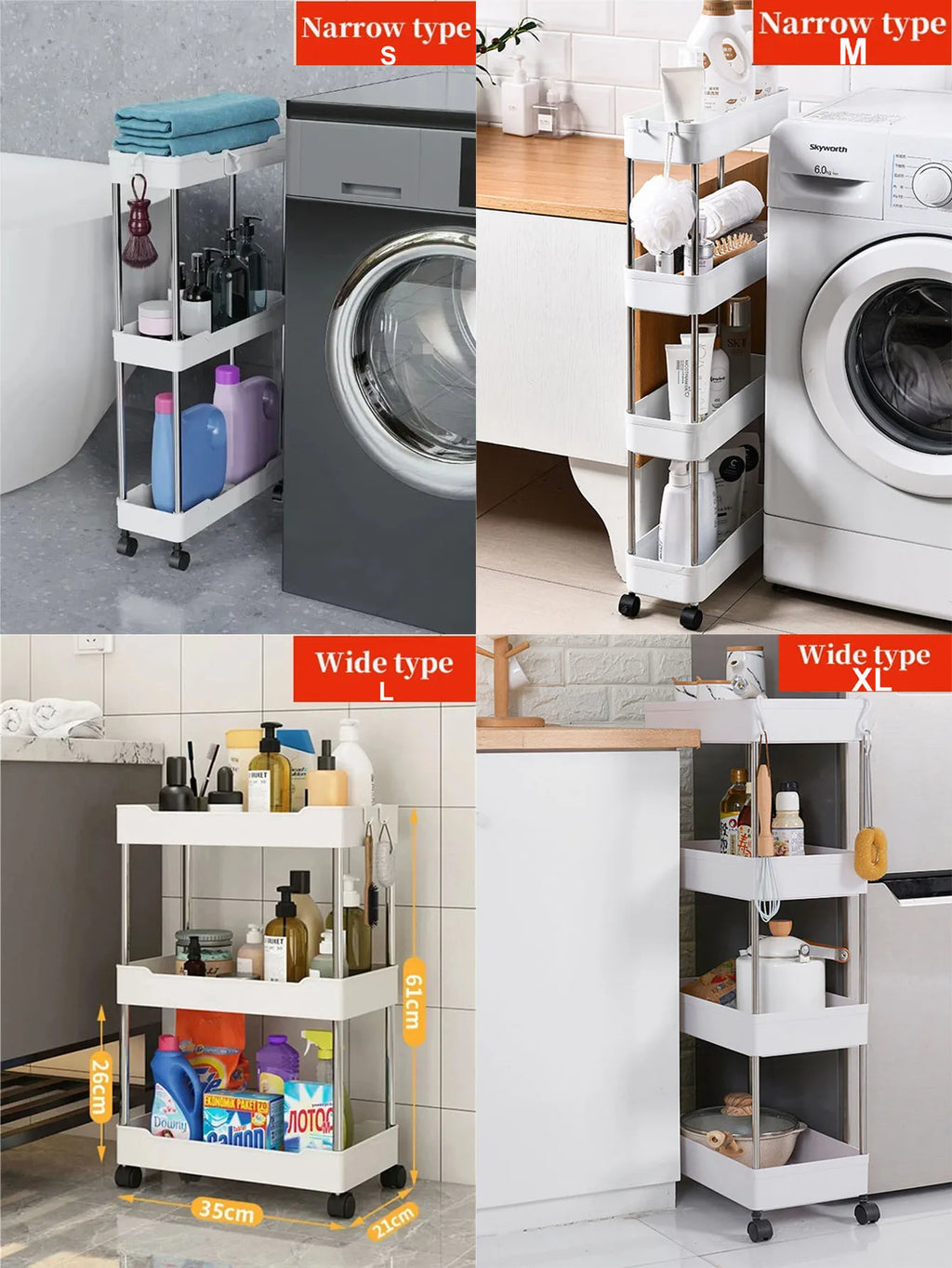 3/4 Tier Rolling Utility Cart Slim Storage Organizer Movable Gap Shelf for Kitchen Bathroom Living Room