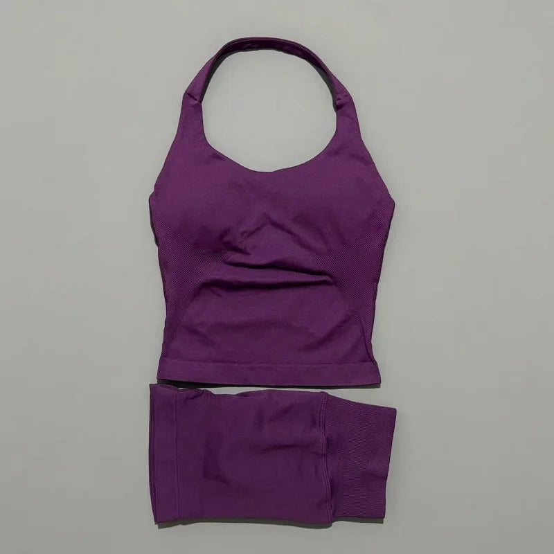 2 Pcs HISTELLO Halter Top Strappy Bra Shorts Set Women Yoga Workout Clothes Seamless Vest Hip-Lifting Sports Leggings Gym Suit