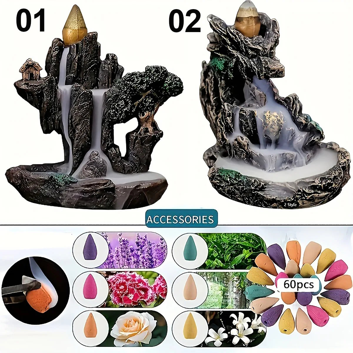 Backflow Incense Burner Waterfall – Reflux Aroma Smoke Censer with Cones
