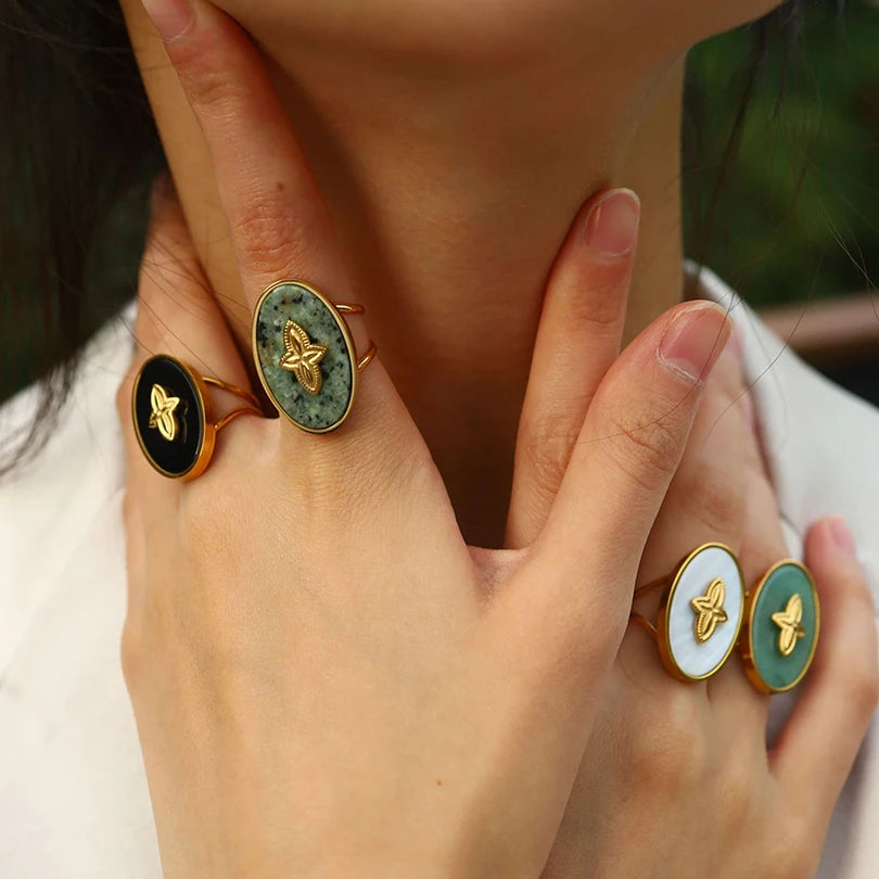 Trendy Women’s Wide Stainless Steel Stone Ring – Bohemian Vintage Style