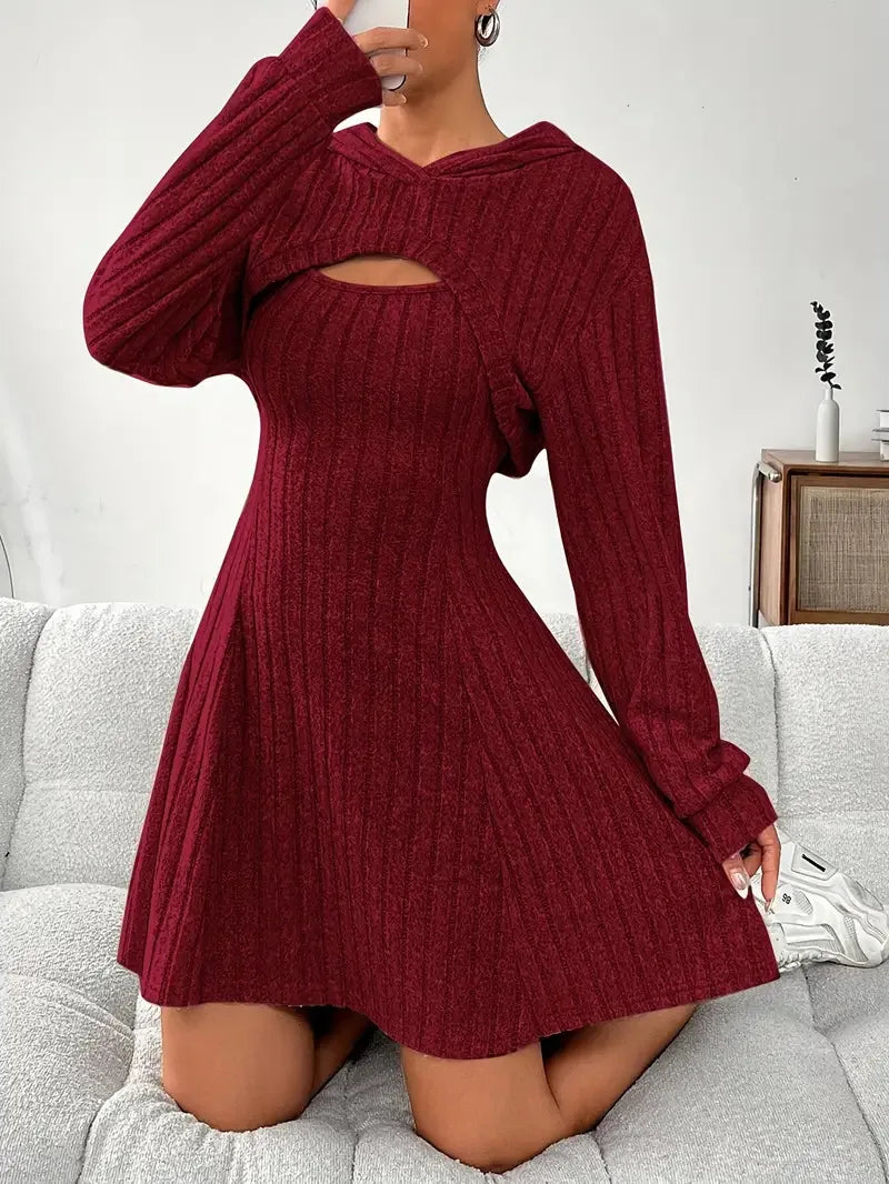 Women's Two-Piece Autumn Outfit – Long Sleeve Hooded Top & Sleeveless A-Line Dress