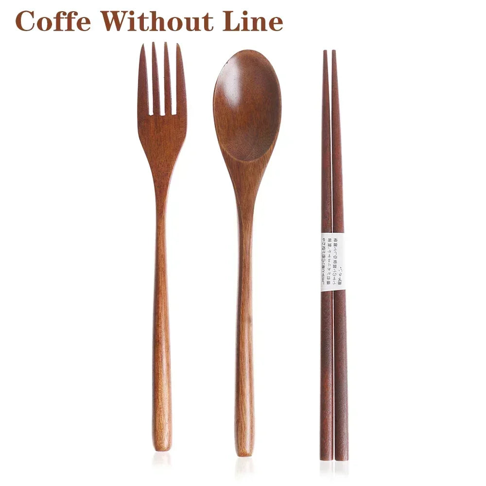 Portable Wooden Cutlery Set – Reusable Bamboo Spoon Fork Knife with Bag