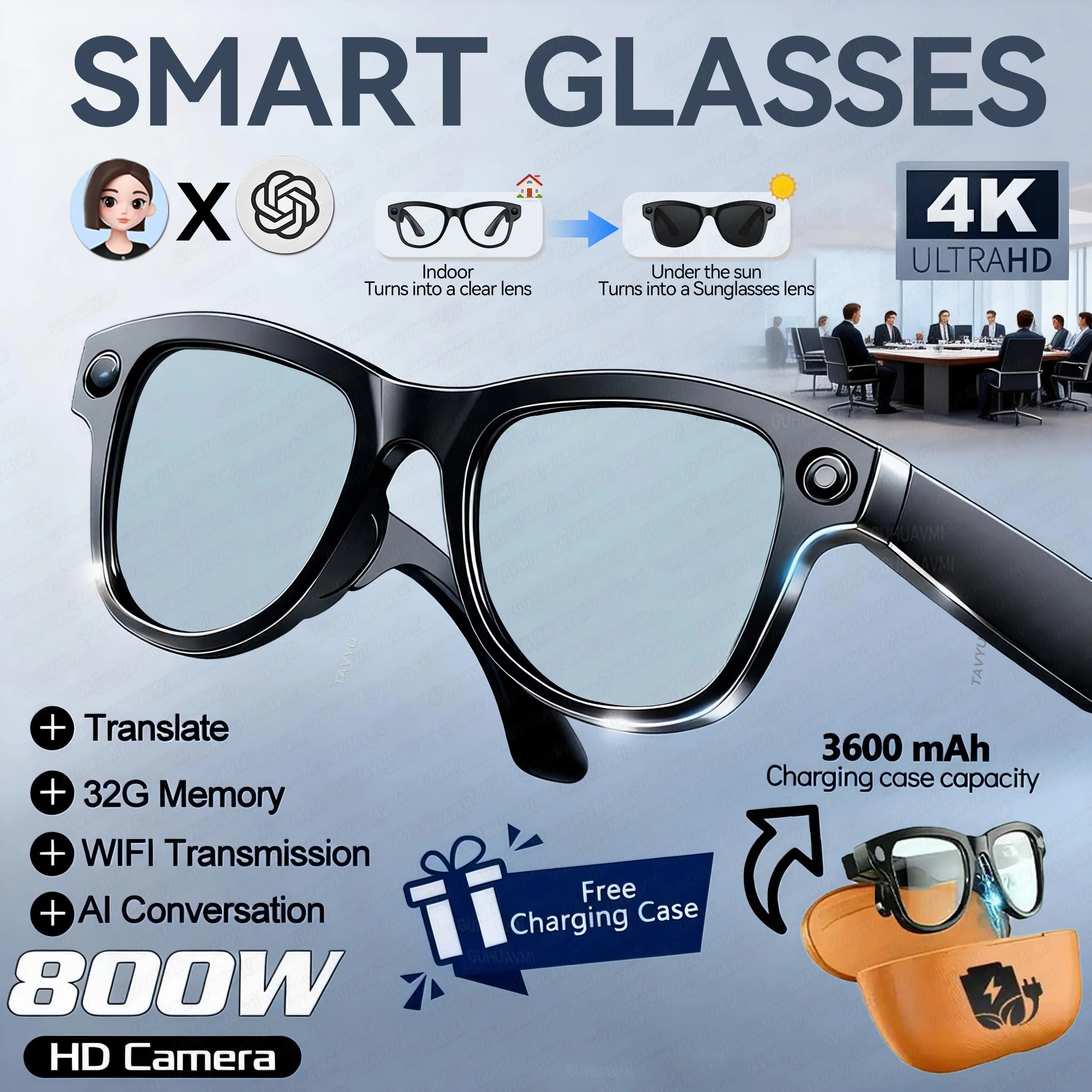 Study Travel Smart Glasses Men 800W Pixel Camera 4k Ultra HD 1080P Video Recording Take Photo AI Chat Music Call AI Glasses 2026