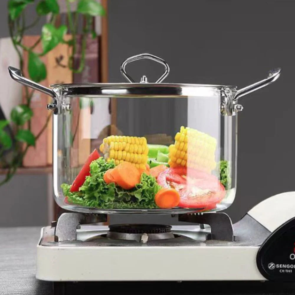 Heat-resistant glass double-eared transparent soup pot kitchen household high borosilicate glass stainless steel handle noodle