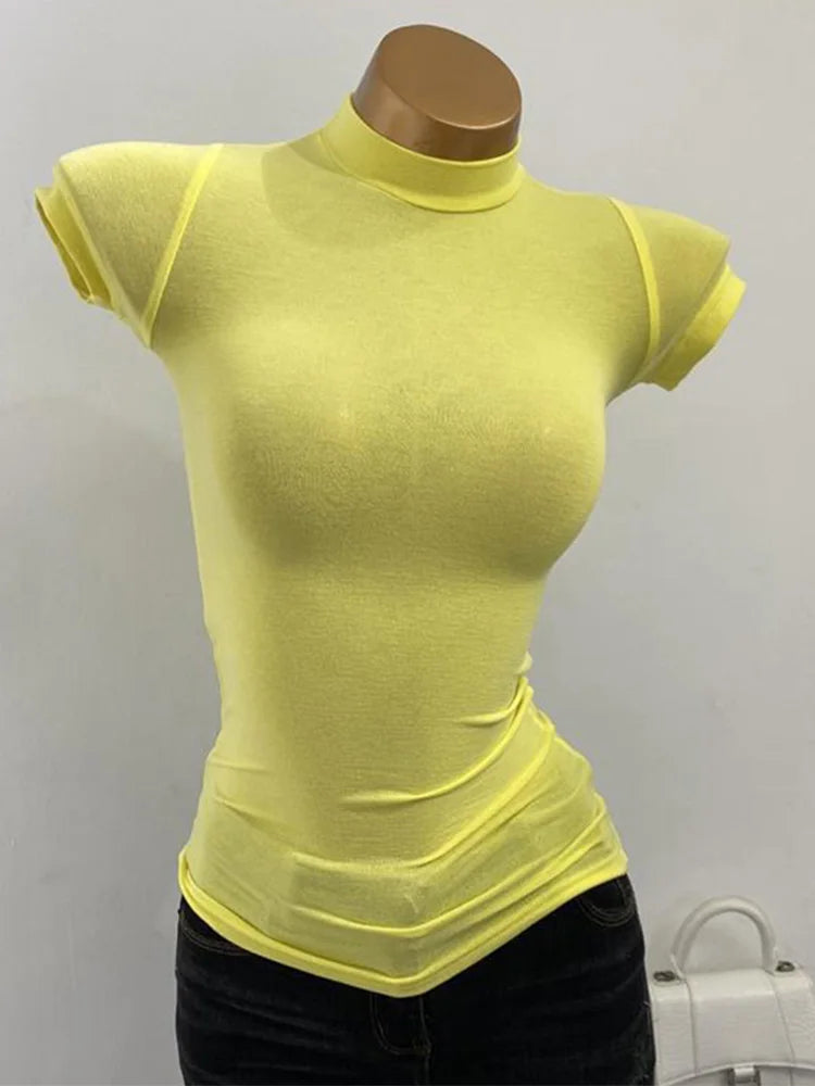 Women Korean Half Turtleneck Short Sleeve Slim Fit T-Shirt Stretch Bodycon Solid Basic Inner Layer Sexy Summer Top