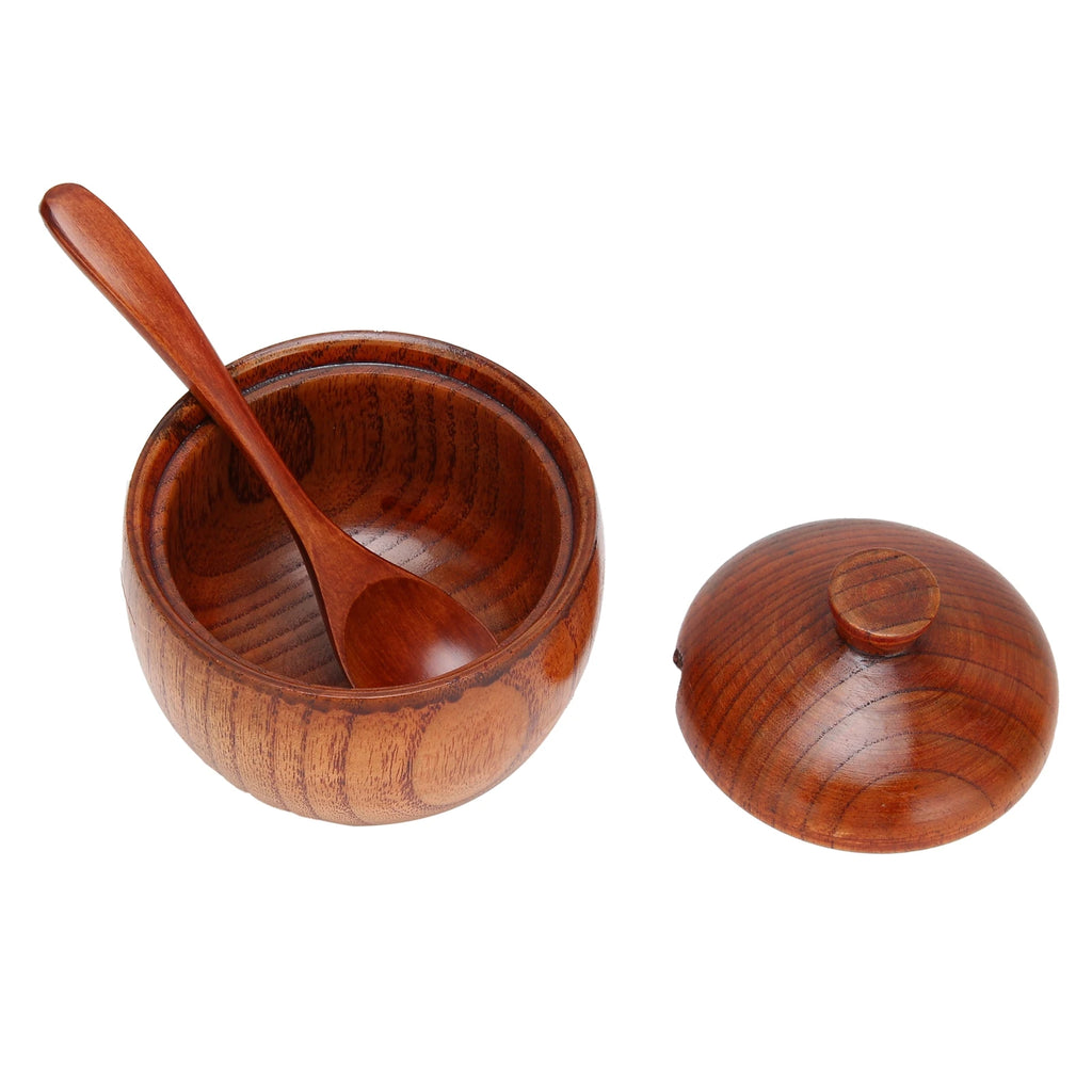 Wood Spice Jar Sugar Bowl Salt Pepper Seasoning Box with Spoon and Lid Home Kitchen Cooking Tool