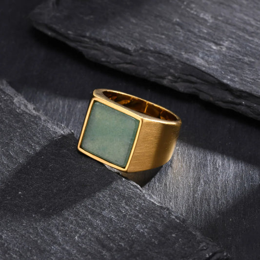 Natural Green Stone Square Ring for Men – Gold Colour Stainless Steel Punk Thumb Ring