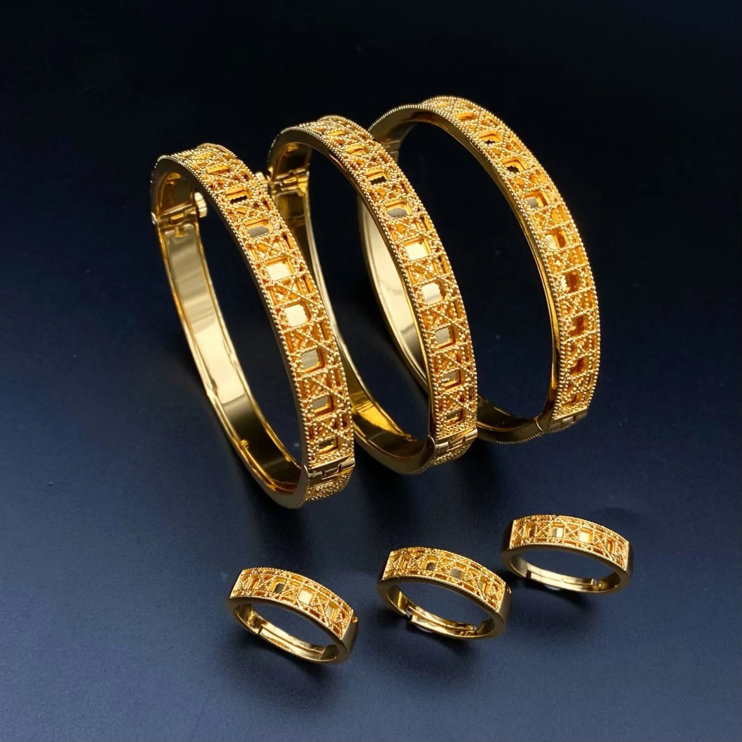 Gold Plated Hollow Jewellery Set with Bangles and Rings for Women – Elegant Gift for Parties & Special Occasions