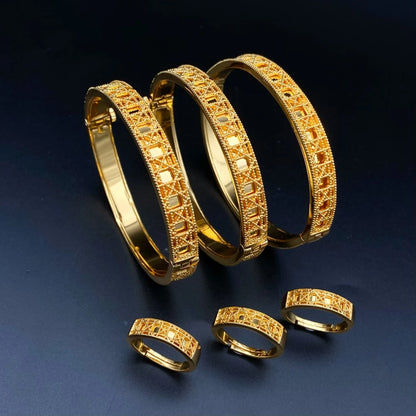 Gold Plated Hollow Jewellery Set with Bangles and Rings for Women – Elegant Gift for Parties & Special Occasions