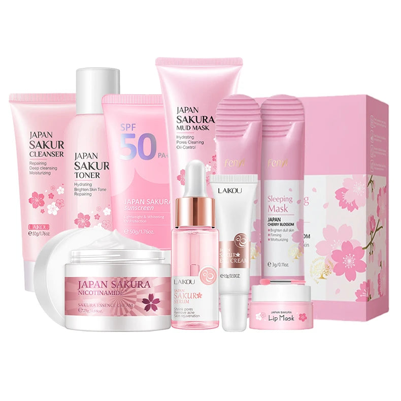 9-Piece Sakura Skincare Set – Facial Cleanser Cream Sunscreen & Masks for Glowing Skin