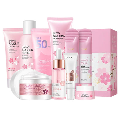 9-Piece Sakura Skincare Set – Facial Cleanser Cream Sunscreen & Masks for Glowing Skin