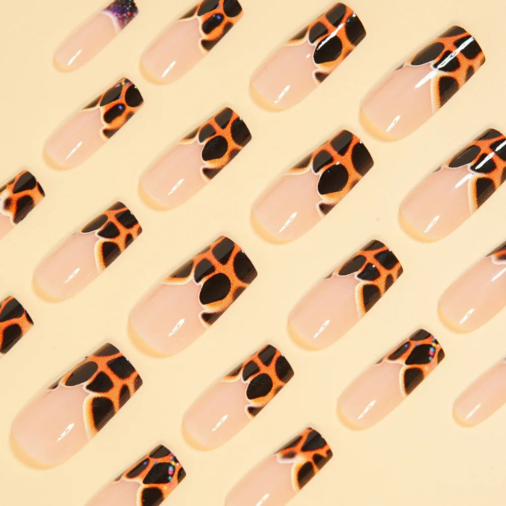 24pcs Medium Long Press-On Nails – Y2K Leopard Gradient Square Ballet Tips