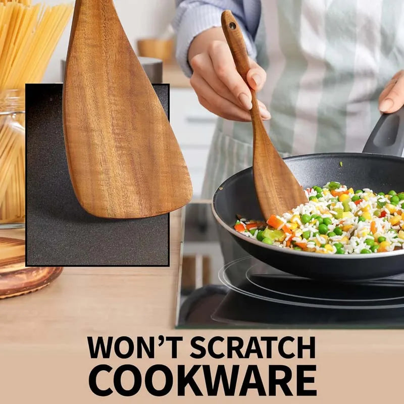 Bohemian Style 5PCS Wooden Kitchen Utensil Set Osier Pattern Spoon & Ladle Non-Stick Cookware Safe Natural Cooking Tools