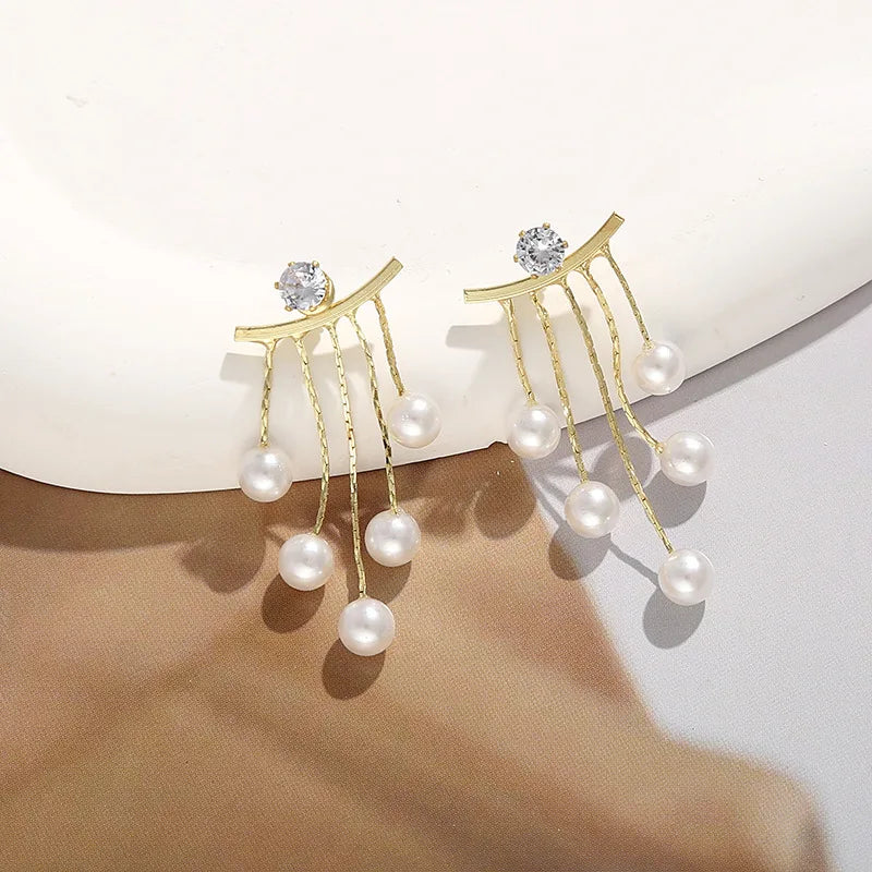 925 Silver Needle Pearl Tassel Drop Earrings for Women – Trendy Zircon Statement Jewellery