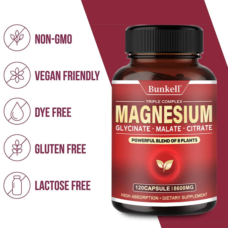 Triple High-efficiency Elemental Magnesium Complex - Glycine, Malic Acid and Magnesium Citrate, Muscle Relaxation, Immunity
