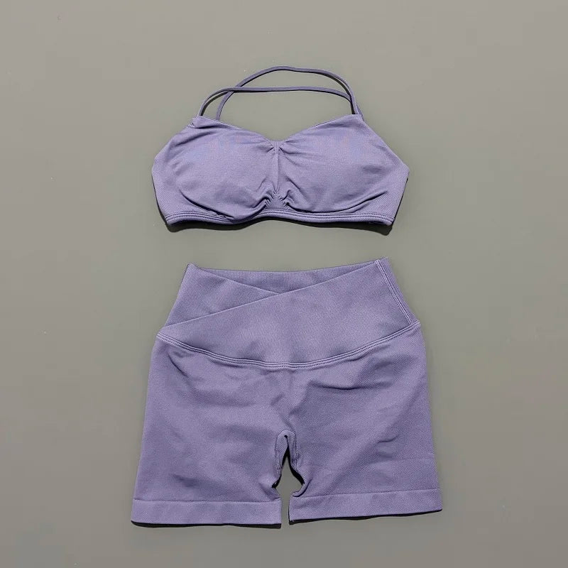 2 Piece Vision Gym Set Women Yoga Crop Top High Waist Scrunch Seamless Shorts Fitness Bra Sport Suit Sportswear Workout Set