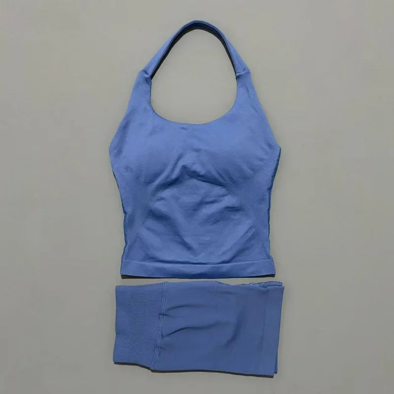 2 Pieces Impact Halter Top Strappy Bra Shorts Set Women Seamless Yoga Gym Leggings Set Running Fitness Sports Shorts Suit