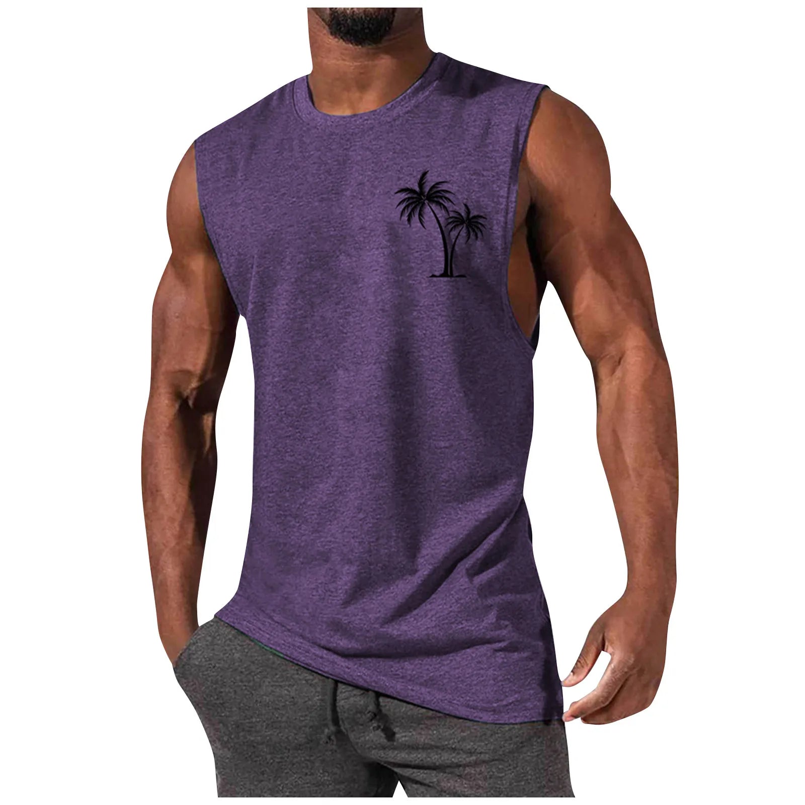 2025 Men'S Muscle Fitness Shirt Sports T-Shirt Gym Training Shirt Summer Casual Vest Tree Print Sleeveless Round Neck
