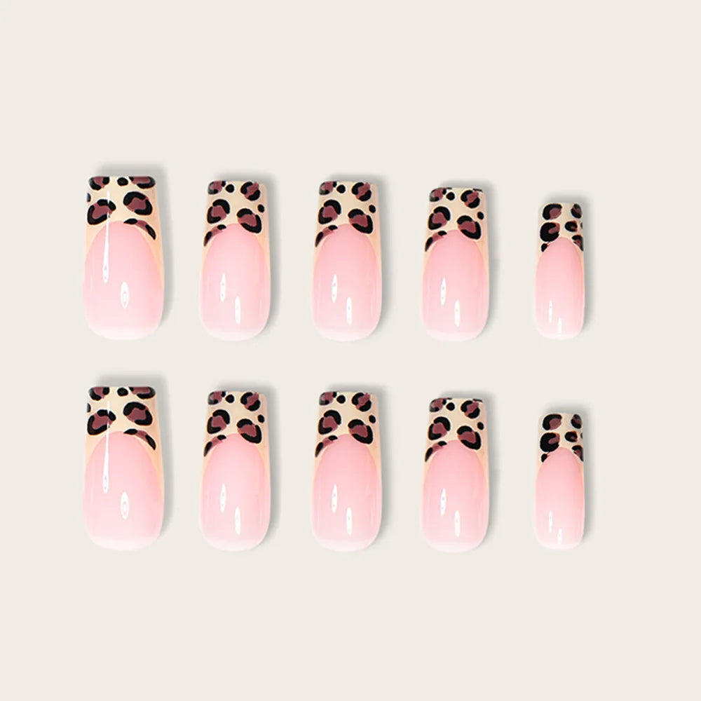 24pcs Medium Long Press-On Nails – Y2K Leopard Gradient Square Ballet Tips