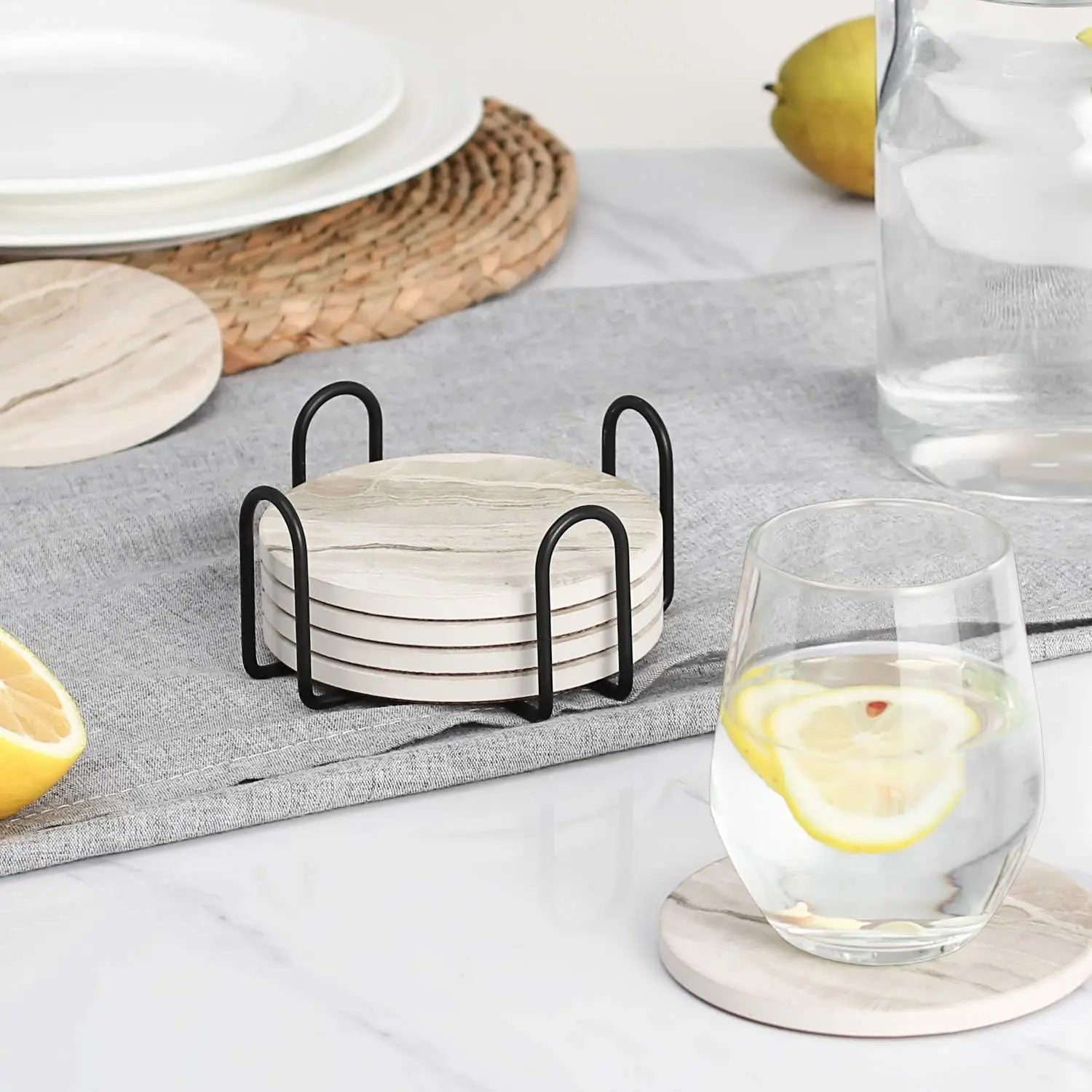 6PCS Ceramic Marble Coaster Set with Holder – Beverage Cup Coasters