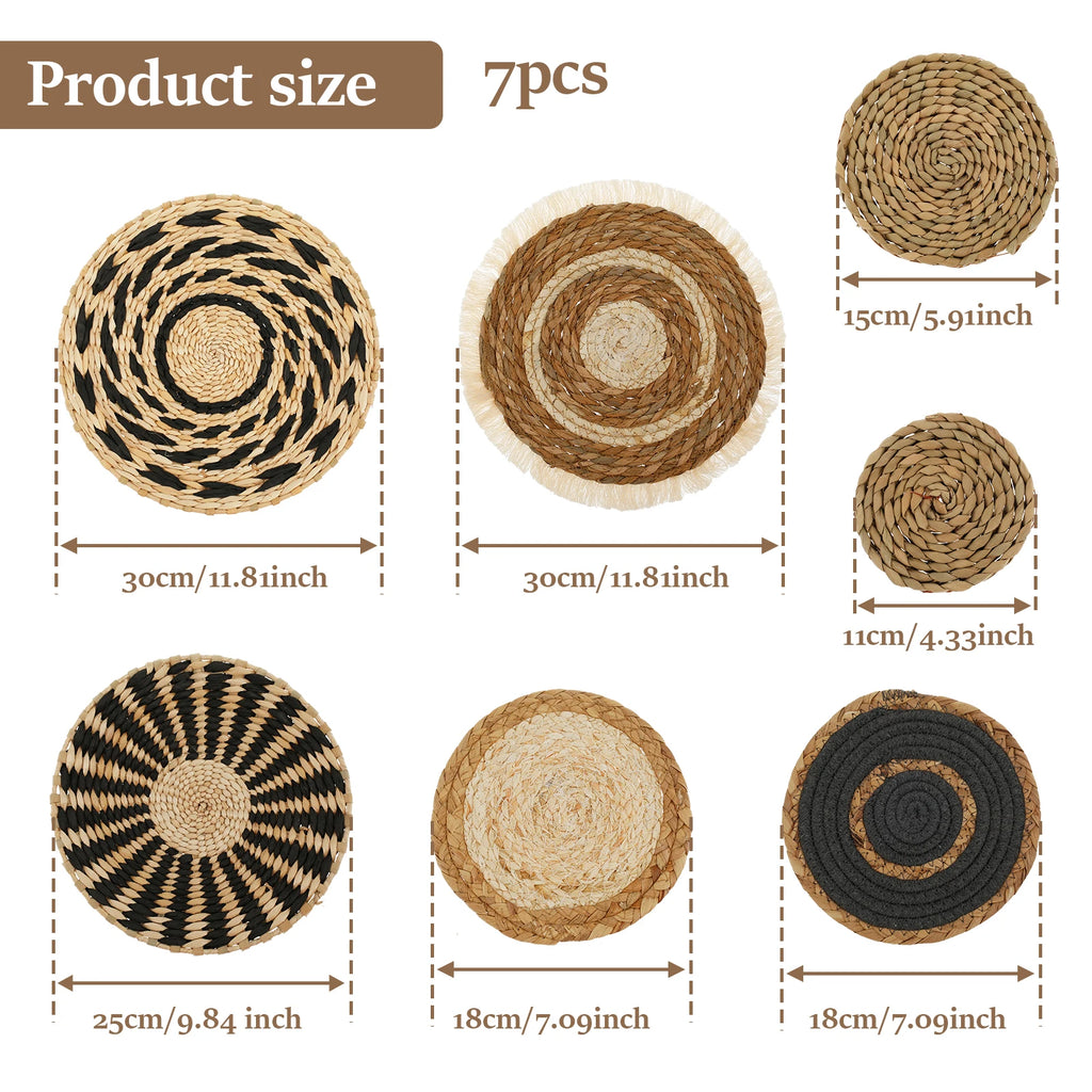 7PCS Boho Seagrass Wall Basket Decor – Handmade Farmhouse Wall Hanging