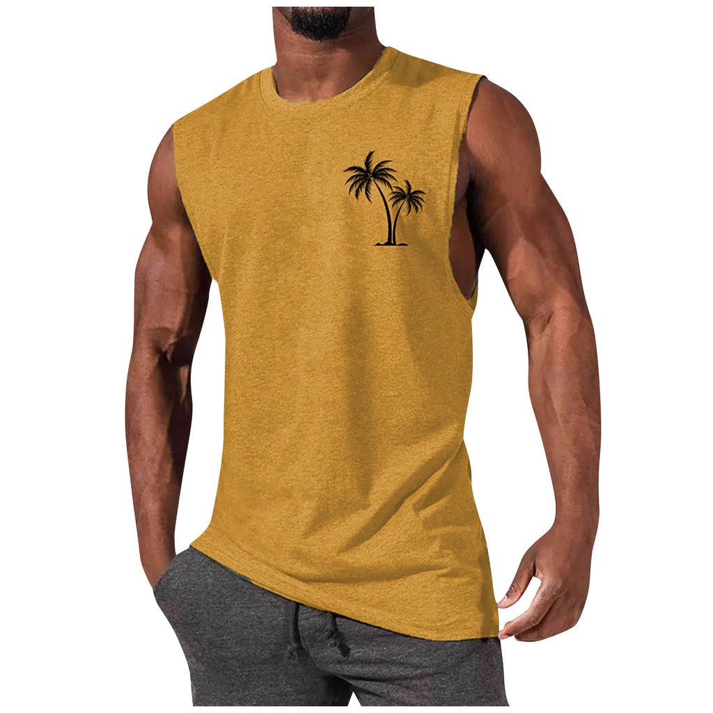 2025 Men'S Muscle Fitness Shirt Sports T-Shirt Gym Training Shirt Summer Casual Vest Tree Print Sleeveless Round Neck