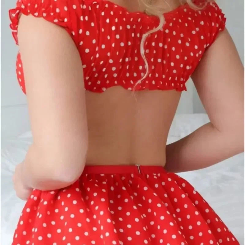 Women's Erotic  Short Skirt with Garter Straps Sexy Lingerie Women Sexy Polka Dot Off Shoulder Puffy Skirt Polka  Exotic Set